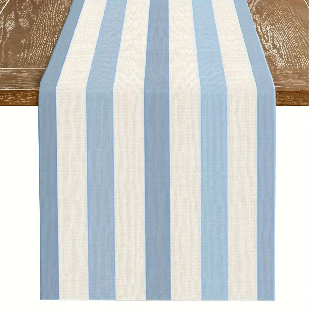 Minimalistischer hellblau gestreifter Tischläufer |   Vertikale Streifen |   Elegante Dekoration für Esstisch, Küche und Jubiläum