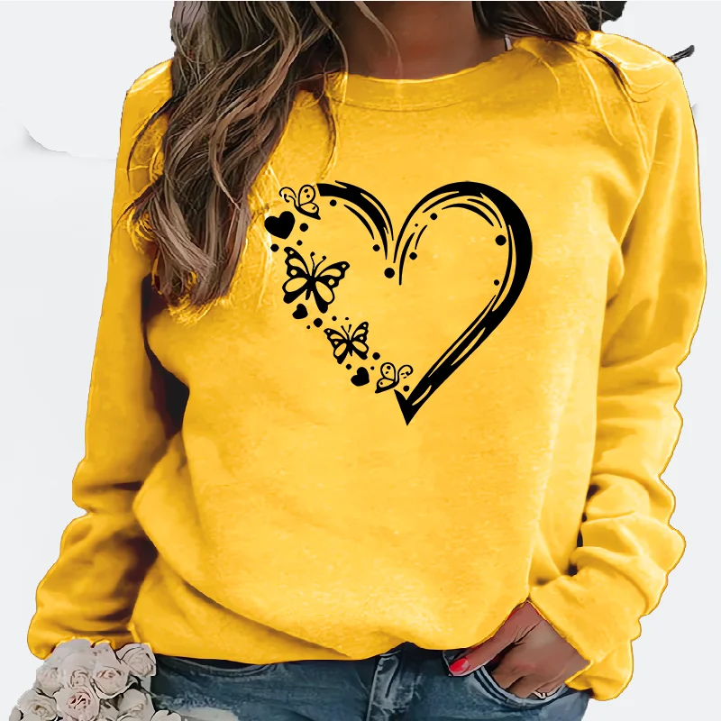 러브 버터플라이 프린트 캐주얼 가을 겨울 따뜻한 베이스 레이어 라운드 넥 긴팔 스웨트셔츠 디자인 센스 도매