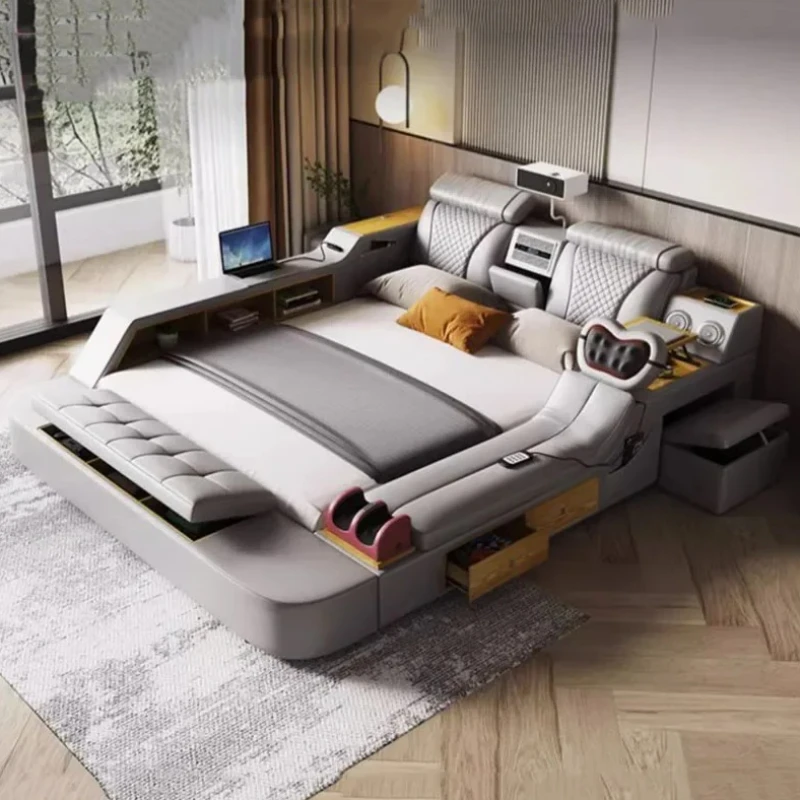 

Nordic Luxury Bed Frame Aesthetic King Size Wood Modern Double Bed Frame Leather Multifunctional Cama Casal Room Furniture