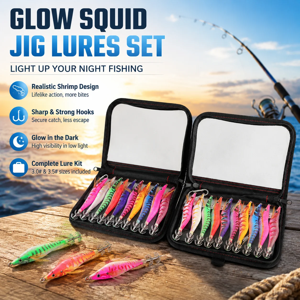 10Pcs 3.0# 3.5# Glow Tail Squid Jig Lure Set Realistic Wood Shrimp Artificial Bait Umbrella Hook Cuttlefish Fishing Tackle Bag
