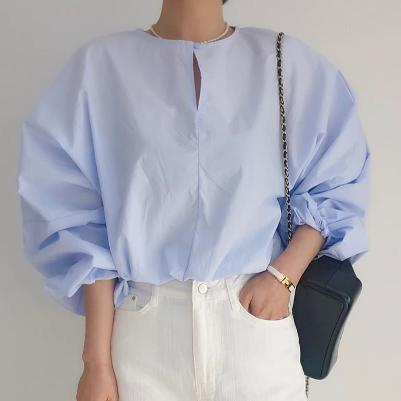 

Ele round Ne Button Hollow Design Loose Lantern Sve Sun Protection irt Top for Women Korean Sle Casual Wear