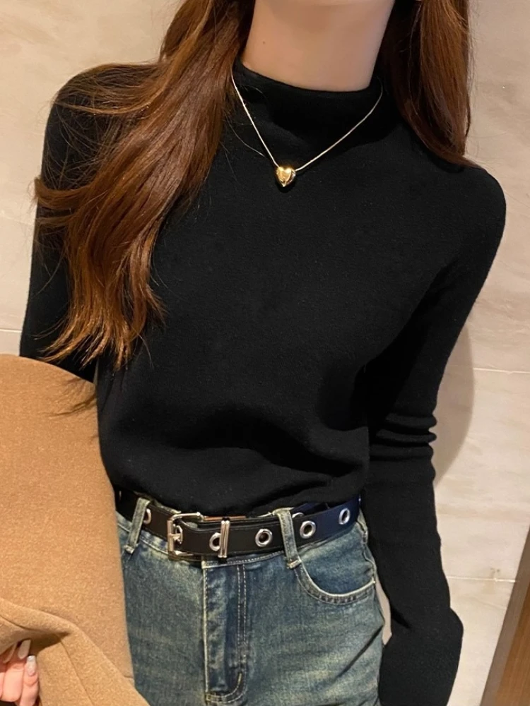 Women Fashion Stretch Tops Autumn Winter Turtleneck Sweater Women Knitted Slim Pullover Korean Long Sleeve Simple Base Layer Top
