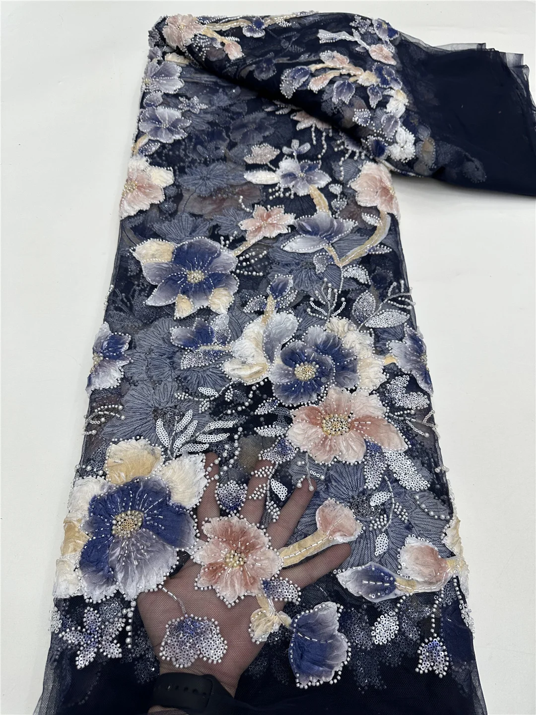 5 Yards Luxury African Lace Tulle Fabric French 3D Flower Embroidered Applique Sequins Fabrics For Party Sewing Material -RF