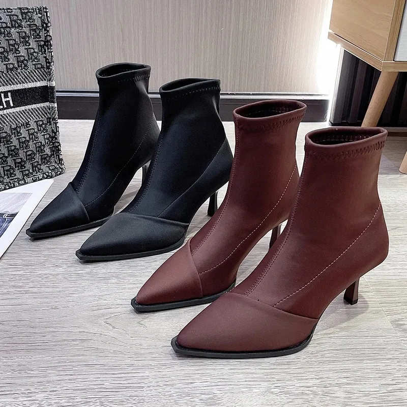 Thin Heels Ankle Modern Boots Winter Sexy 2024 High Quality Women\'s Shoes Slip-on Pointed Toe High Heel Sewing Women\'s Boots