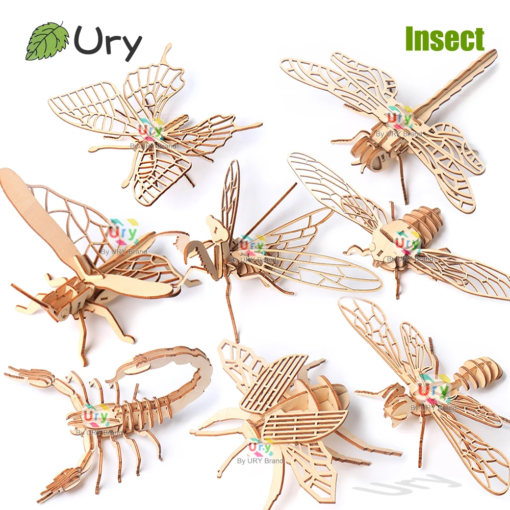 Ury 3D Wooden Puzzle 8 Insects Animal Family Model Butterfly Dragonfly Cicada Mantis Bee Scorpion Model DIY Toys Gifts for Kids