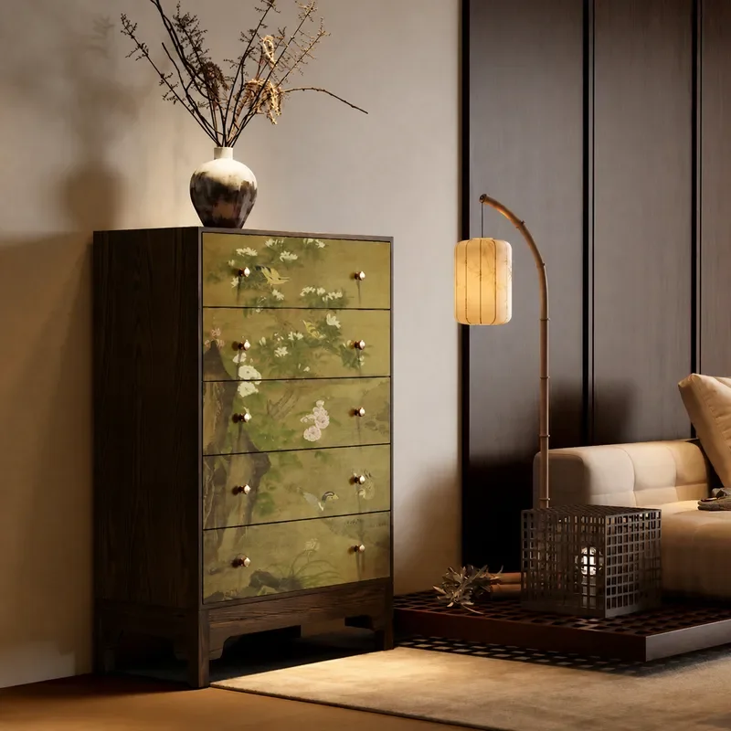 Song Dynasty Style Solid Wood Flower and Bird Cabinet Living Room Storage Decorative Locker Bedroom Bedside Drawer Chest