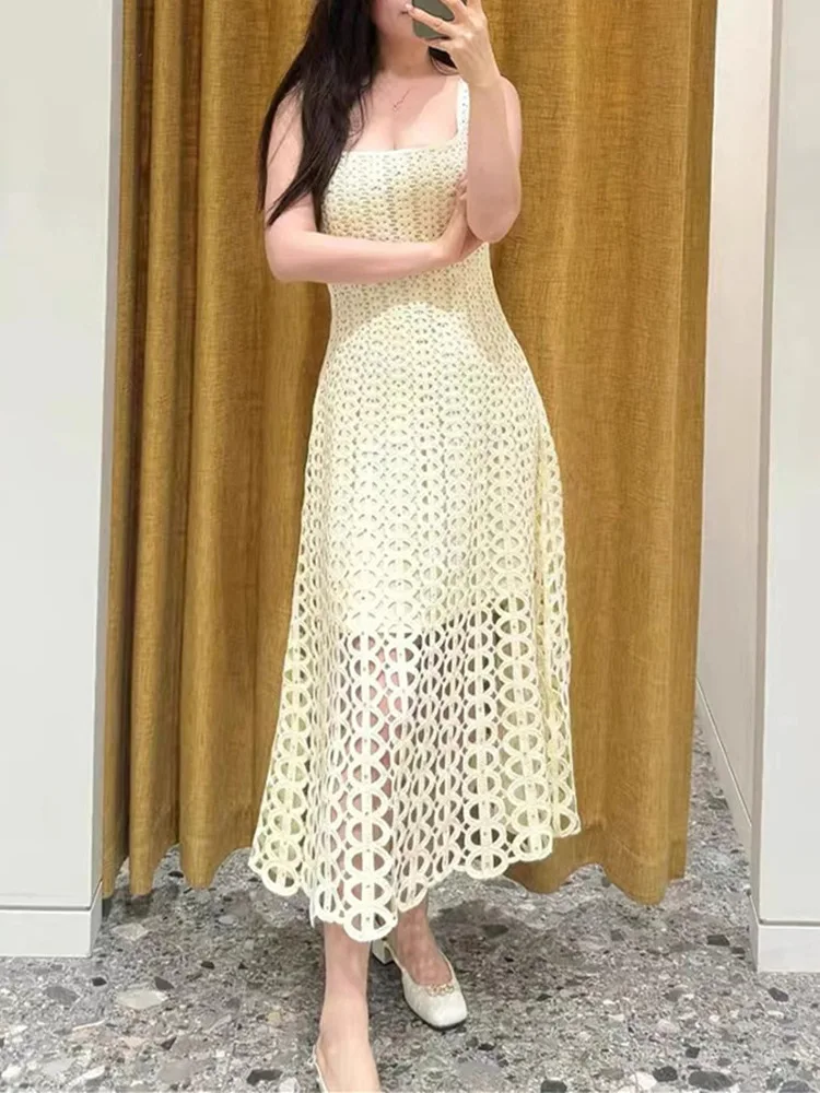 

Ele Hollow out Strapl Dr High Waist A-Line Silhouette Midi Dr for Spring Summer Season Lady's Faion Dr