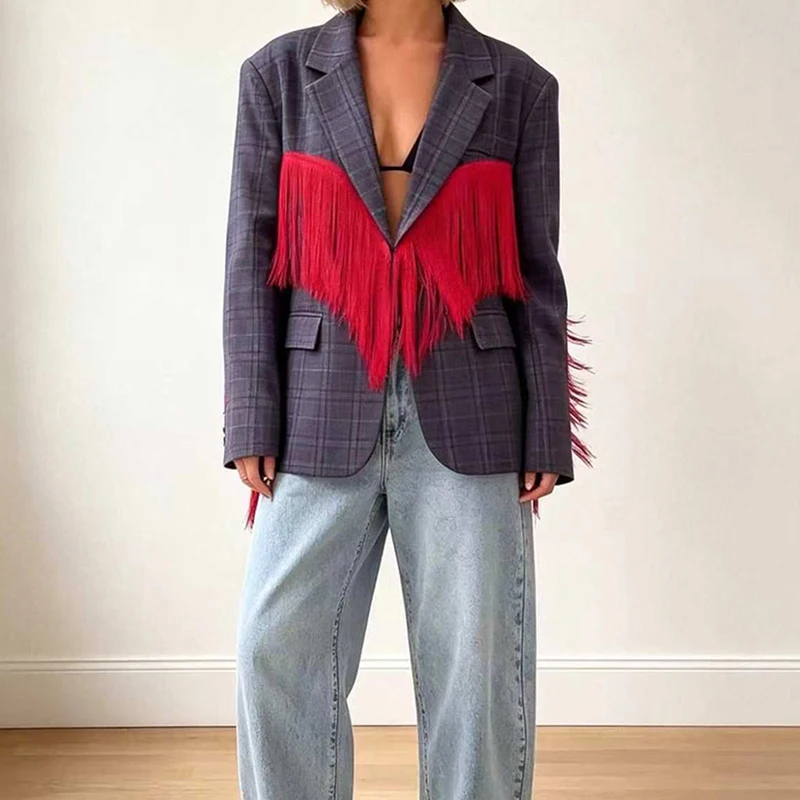 Roter Quasten-Design Patchwork Loser Blazer Mantel Herbst Winter Revers Langarm Bürojacken Mode Street Damen Oberbekleidung