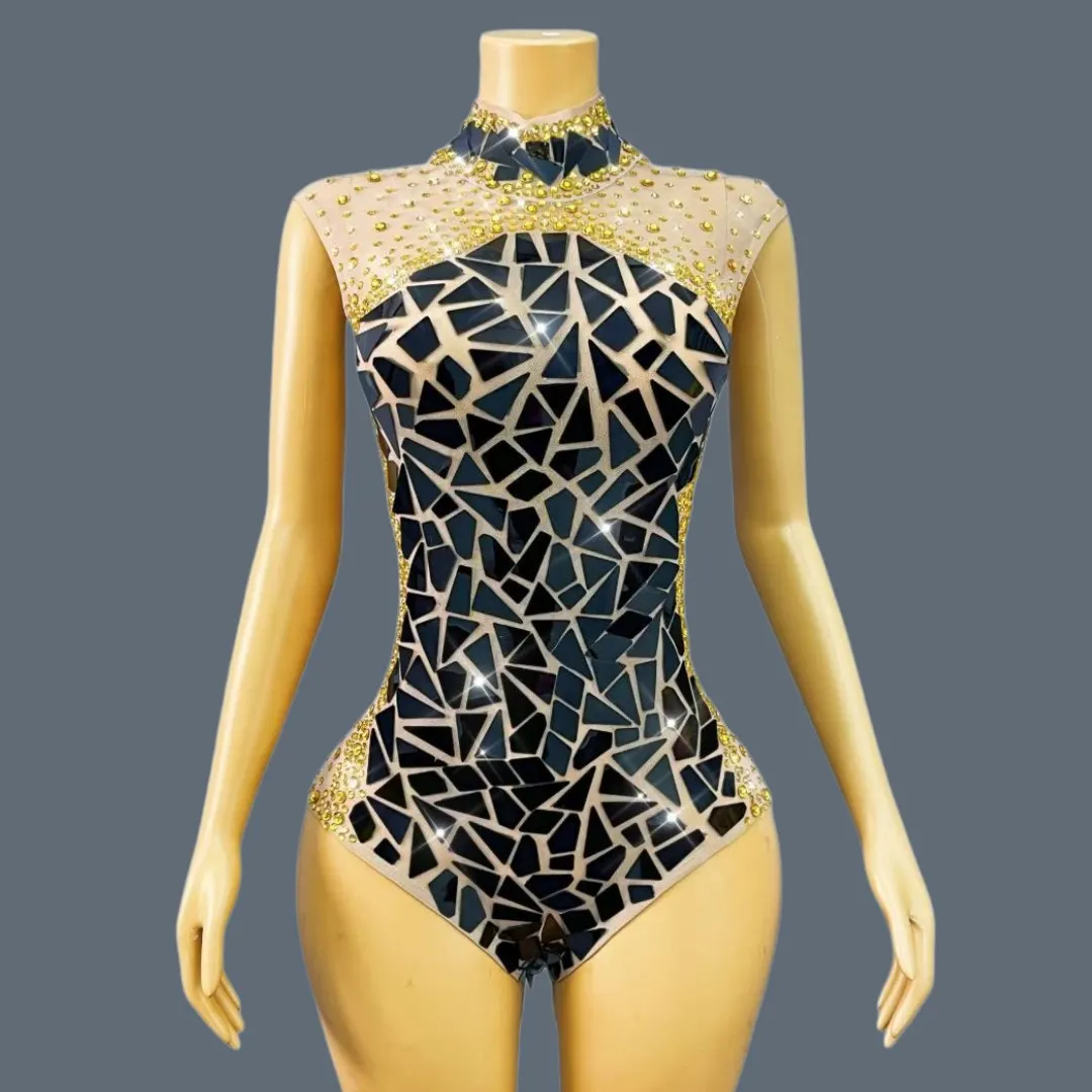 Sparkly Black Mirrors High Cut Thong One Piece Leotard Cabaret Dance Party Show Tight Fitting Bodysuit Sexy Women Wear Anyejing