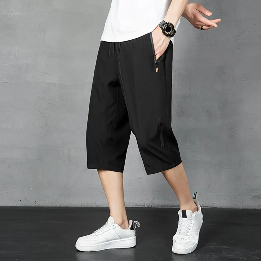 Men\'s Shorts Summer 3/4 Length Trousers Drawstring Pockets Cropped Pants Solid Color Men Ice Silk Loose Beach Shorts Size L-6XL