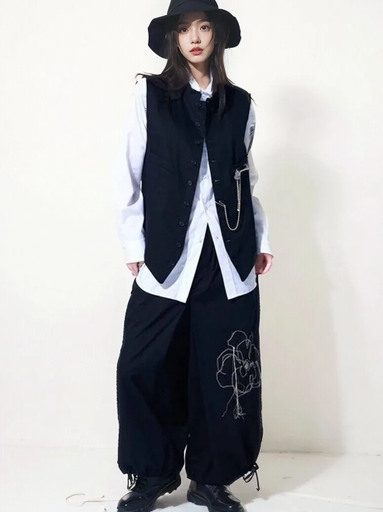 YAMAMOTO-Style Shirt 2024 HighQuality Peony Flower Tassel Embroidery Loose Casual Pants Fashion Drawstring Pants