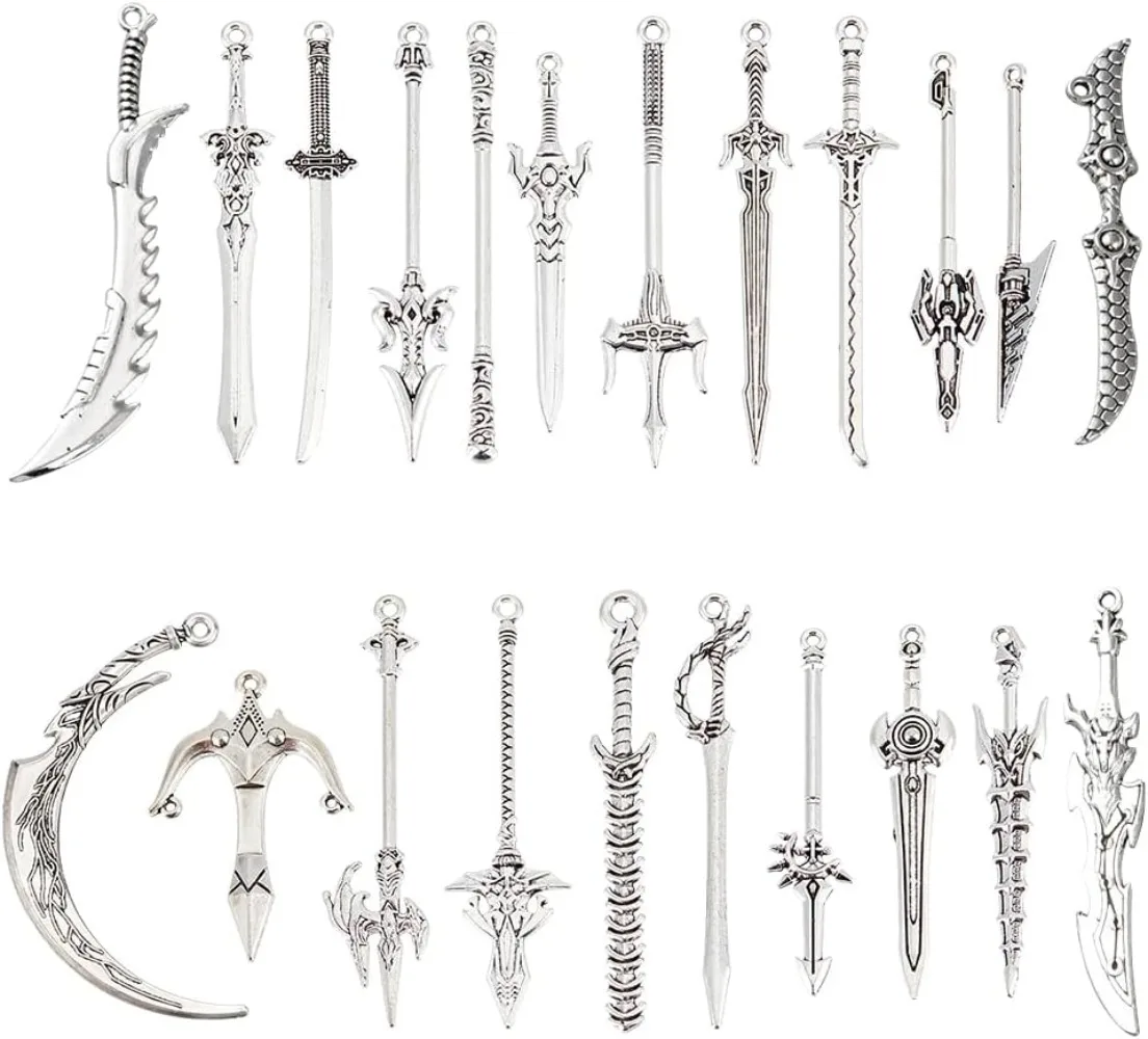 22 Styles Sword Charms Bulk Silver Knife Charms Mixed Tibetan Style Vintage Long Fork Moon Alloy Book Lover Bookmarks making kit