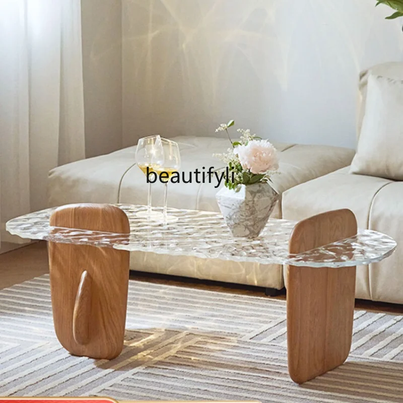 Italian Solid Wood Tea Table Resin Glass round Corner Craft Tea Table Living Room Side Table