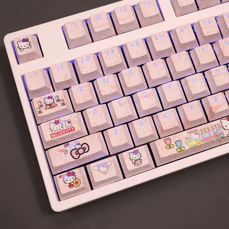 

Kawaii Sanrio Hello Kitty Pink Keycaps 180 Keys PBT Cherry Profiled Character Translucent MX Switch Gaming Mechanical Keyboard