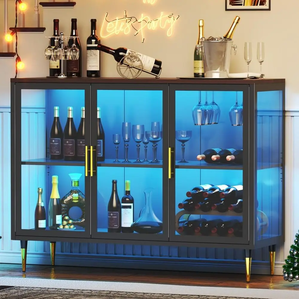 

LED-Illuminated Metal and Wood Wine Bar Cabinet with Glass Holder and Rack for Living or Dining Room (Black)