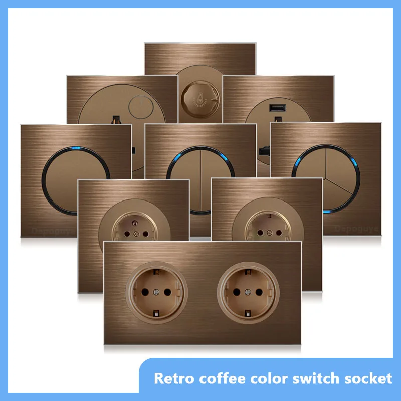 High quality coffee color universal Retro Eu FR 220V wall light switch,Reset button switch electrical socket with LED indicator