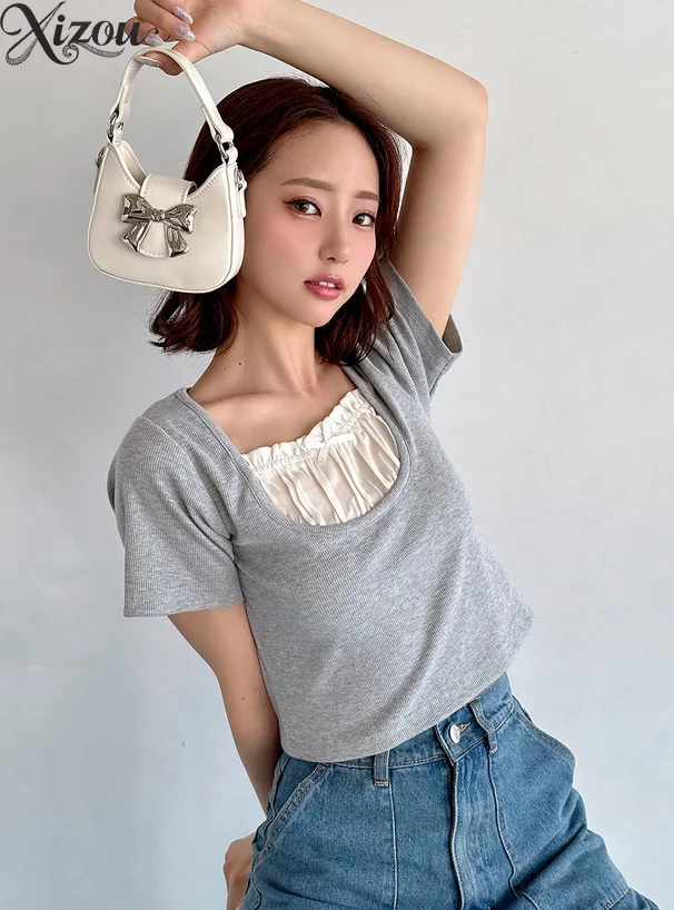 

Милая мини-футболка с квадратным воротником, женская однотонная двухсекционная кружевная футболка с бантом и коротким рукавом, летняя повседневная футболка 2025 г., японский бант