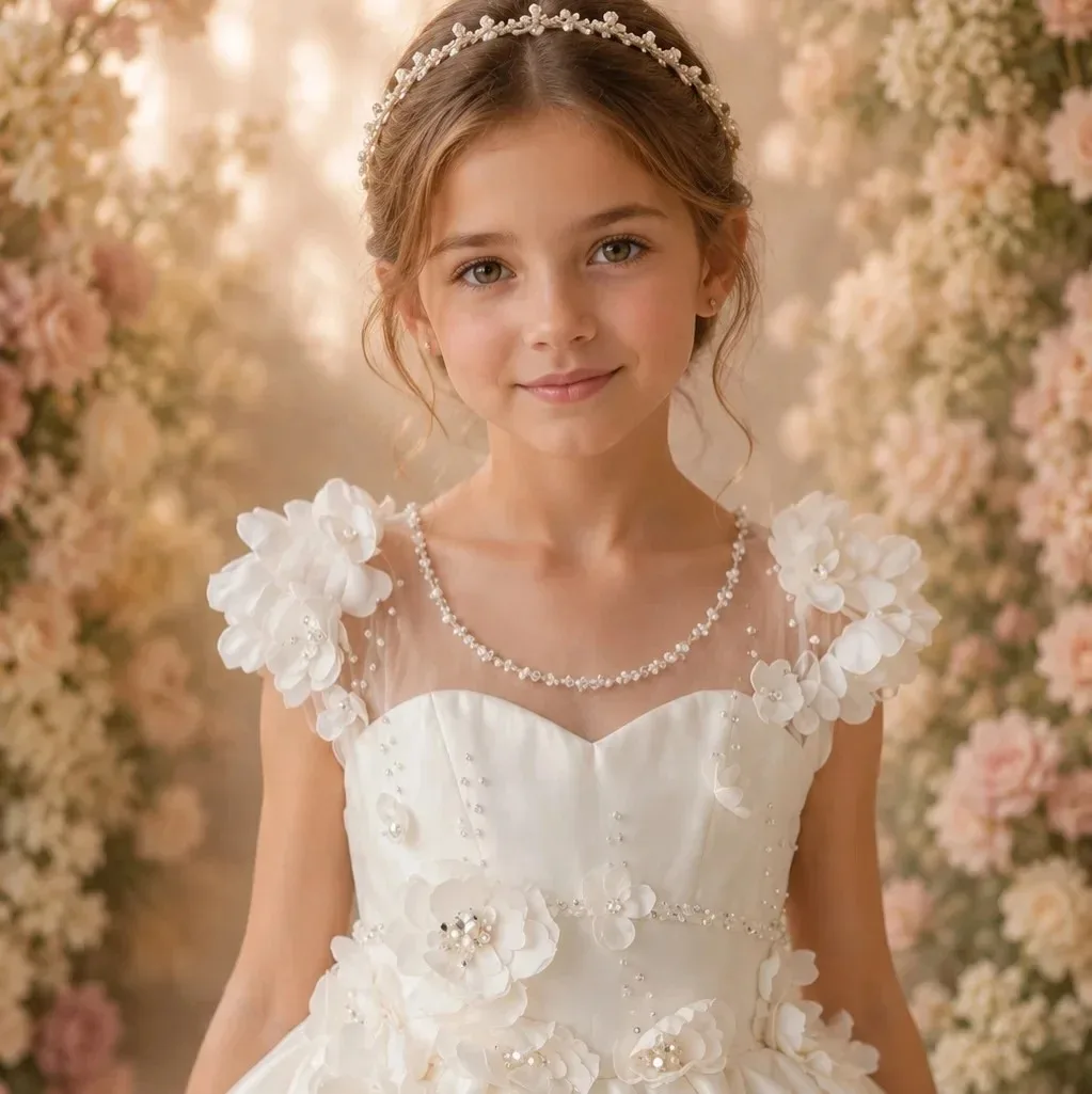 Maßgeschneidertes Prinzessinnenkleid für Blumenmädchen, Großhandel, für Hochzeiten, mit floralen Applikationen, bodenlang, aus Tüll, für die Erstkommunion, Festzug – Detail 3