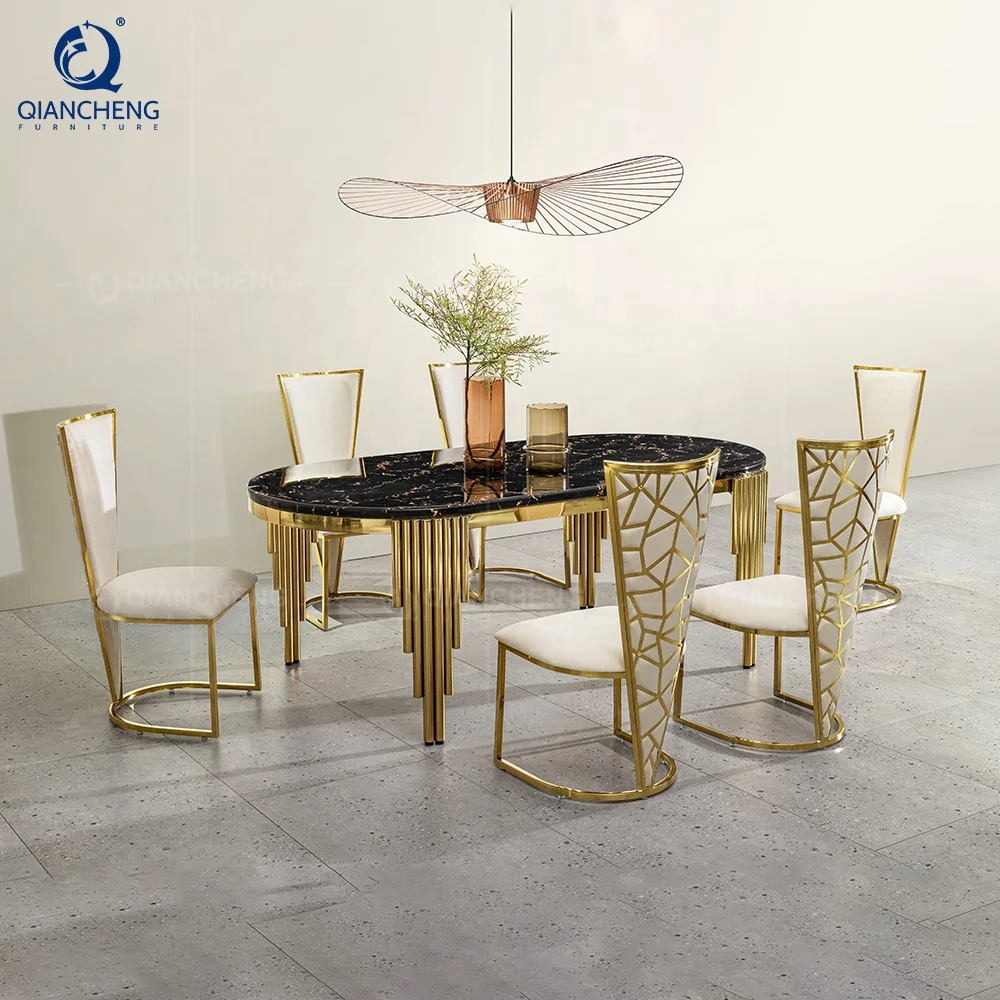 Manufacturer foshan muebles comedor dinning table chair gold Stainless steel luxury titanium chro