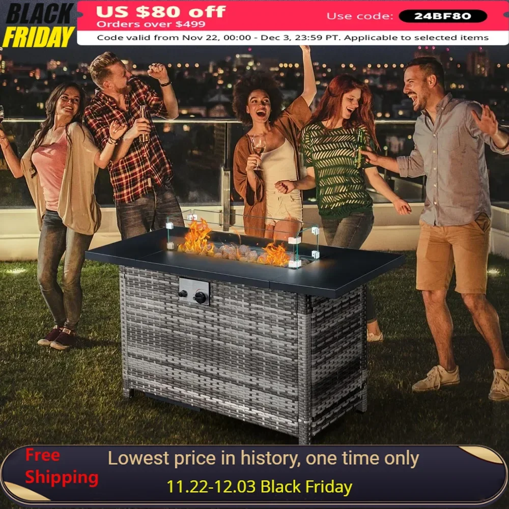 

43 Inch Propane Fire Pit Table，50,000 BTU with Steel Lid, Lava Rock, Glass Wind Guard, Waterproof Cover, Gas Firepit Table