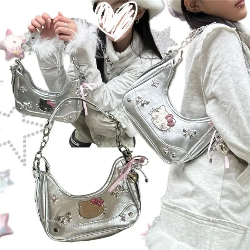 Sanrio Y2K Chain Shoulder Bag Hello Kitty Locomotive Bag Large Capacity Sweet and Cool Hot Girls Subculture Crossbody Tote Bag