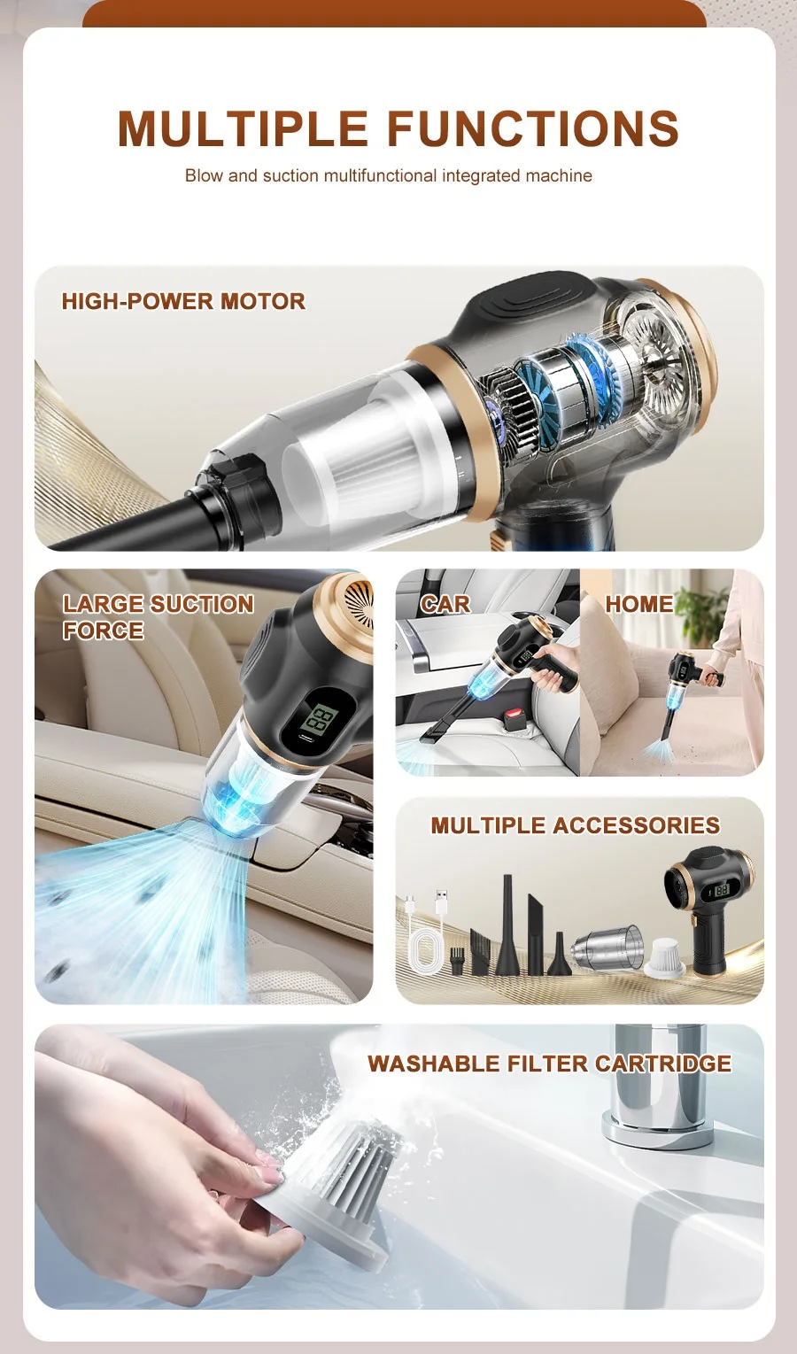 BELIBUY 2-in-1 Auto-Staubsauger und Gebläse, Hochleistungs-Saugfunktion zur Reinigung von Autositzen/Matten/Kofferraumstaub, Tragbar – Detail 2