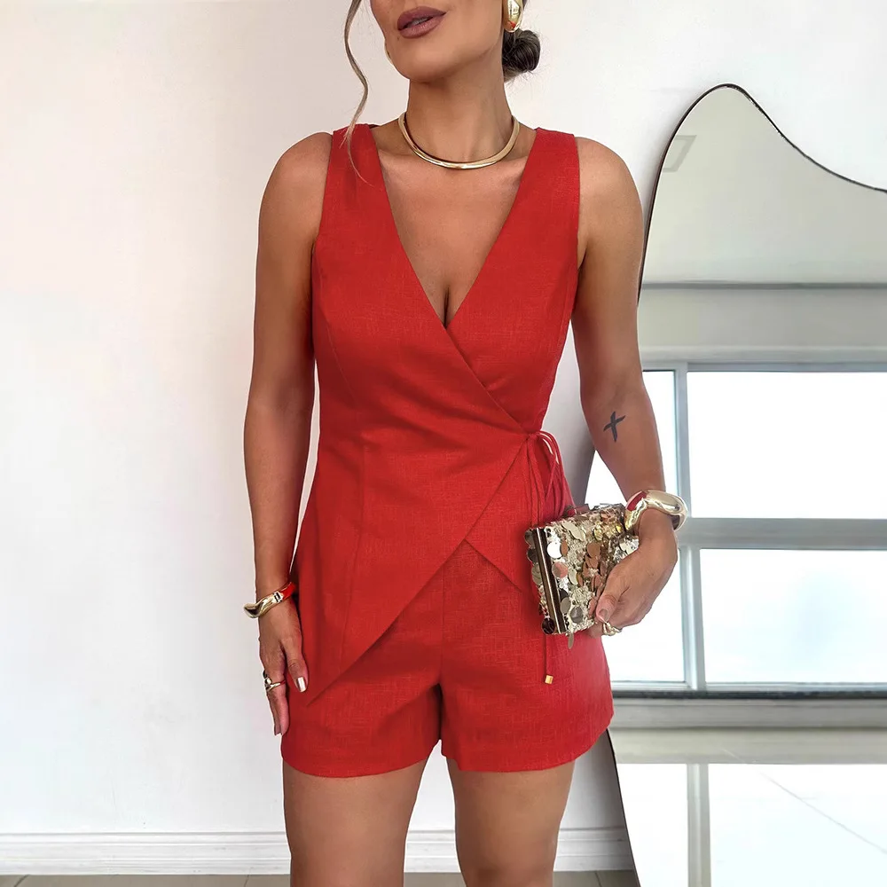 

2 Pieces Outfit Plain Wrap V Neck Criss Cross Tied Detail Linen Top and Casual Pockets Patch Shorts Set