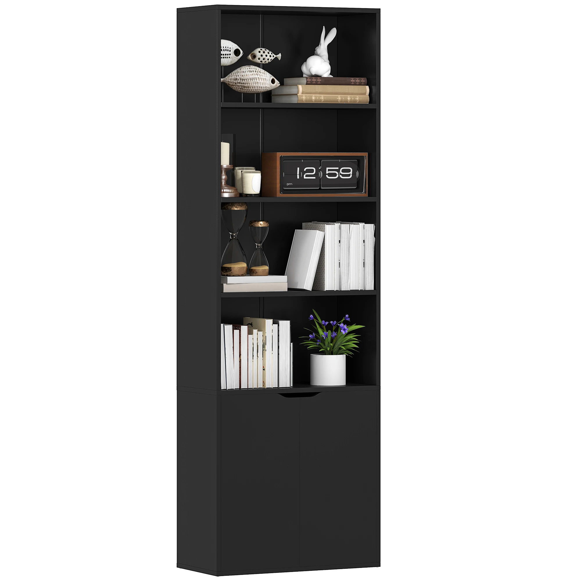 HOMCOM Estantería para Libros de 6 Niveles, Librería con 2 Puertas, 4 Estantes Abiertos, Armario Alto para Salón, Estudio, Oficina, 59x29x180 cm, Negro