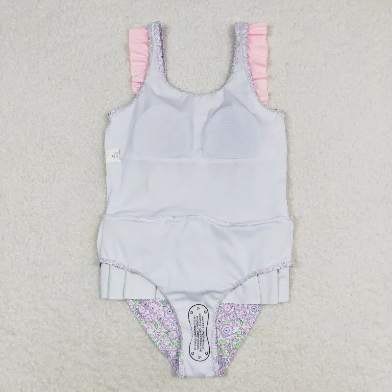 3.5 Yan Wholesale Boutique Girls Summer Beach Clothing pink Purple Flower Pattern Lace One-piece  Girl Swimsuit
