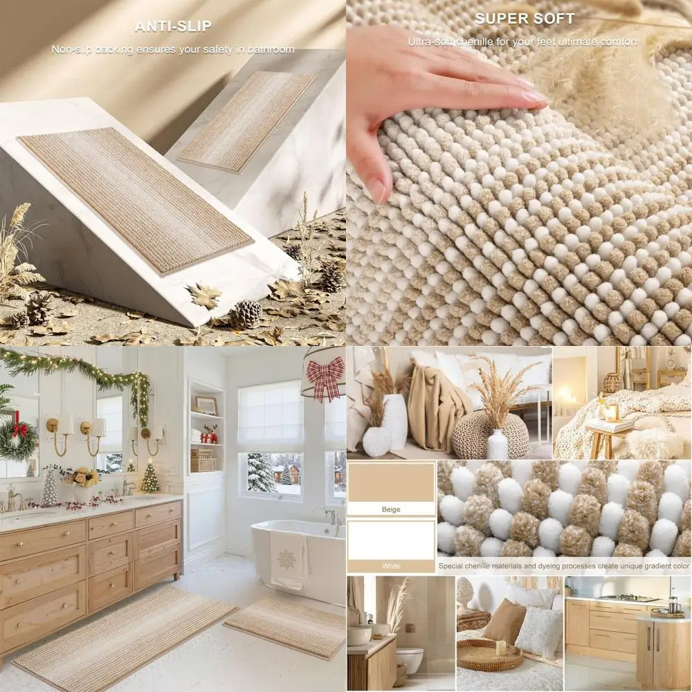 

2-Piece Thick Chenille Bath Rug Set, Non-Slip Absorbent Mats for Bathroom, Soft Shaggy Floor Mats, Machine Washable Beige (20x47