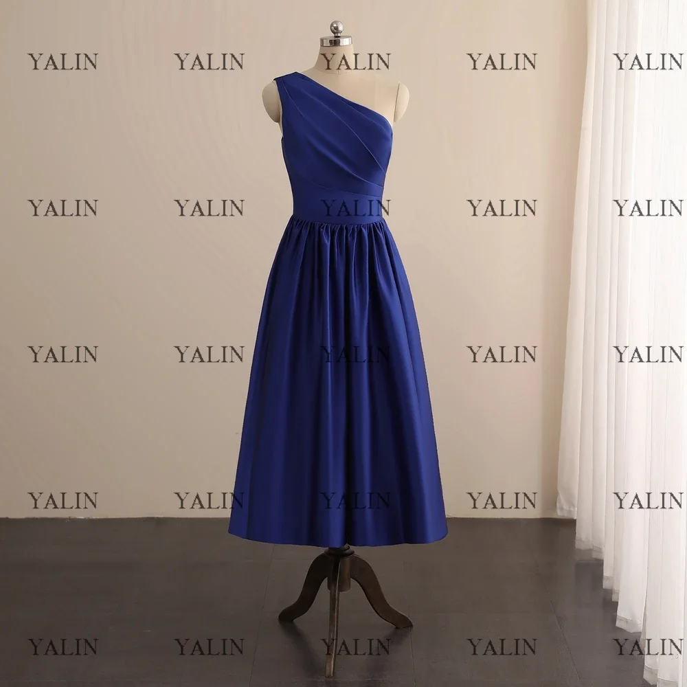 Customized Formal One Shoulder Short Prom Dresses Royal Blue Pleated Homecoming  Tea-Length Backless A-Line Party  Custom