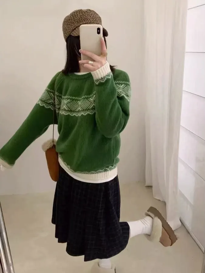 

Ретро Fair Isle een круглый пуловер Thiened женский вязаный свитер осень-зима ленивый базовый слой топ