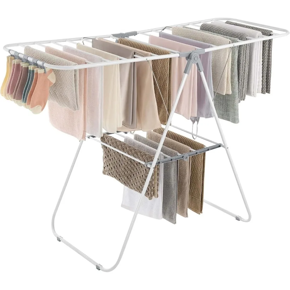 

Clothes Drying Rack, Free-Standing Airer, with 2 Height-Adjustable Gullwings, Indoor Outdoor Use