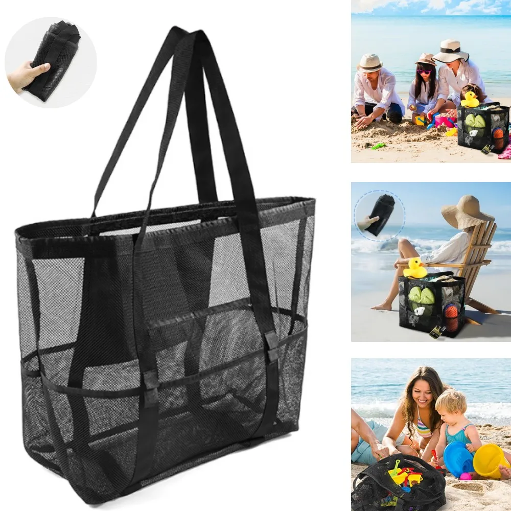 Sacs de plage pliables en maille pour l'extérieur, fourre-tout d'épicerie de grande capacité, sac de jouets de plage anti-sable, 8 poches