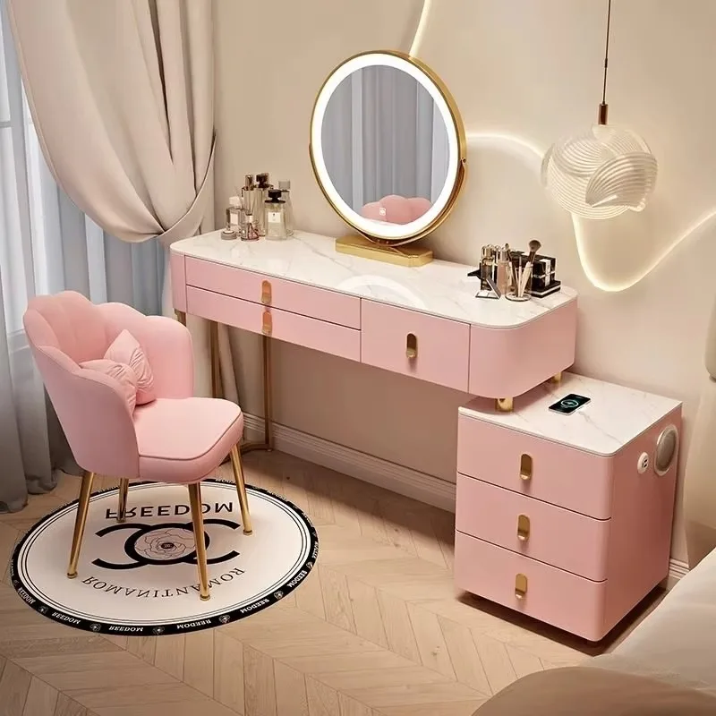 

2026 New Designer Minimalist Bedroom Modern Dressing Table Intelligent Smart pink Vanity Led Light Cabinet Makeup Table for Home
