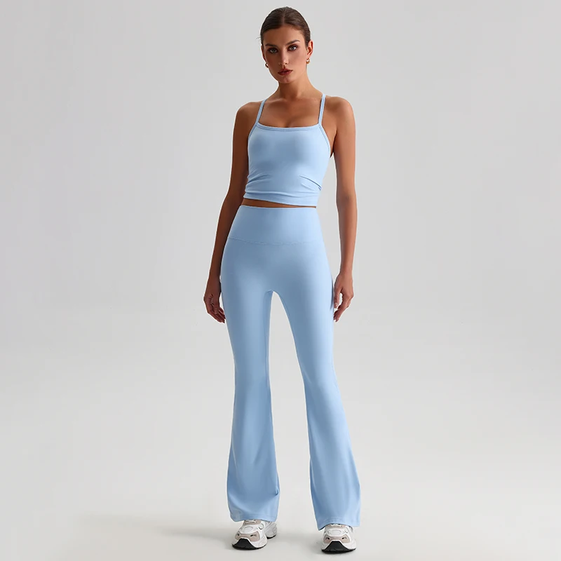 Women Flared Leggings Tank Top 2 Piece Gym Suit Fitness Yoga Set High Stretch Nylon Running Sportswear Quick-dry Workout Clothes image 3