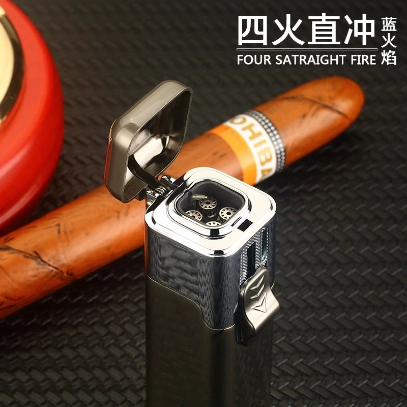 Novel Quad Jet Blue Flame Cigar Lighter Fashionable Metal Butane Gas Lighter Premium Men's Festival Gift Outdoor Practical Tool view 3