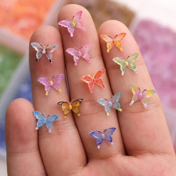 50pcs Glitter Resin Colorful Mini Crystal Butterfly Nail Art Flatback Rhinestone Figurines DIY Miniatures Scrapbook Decor Crafts