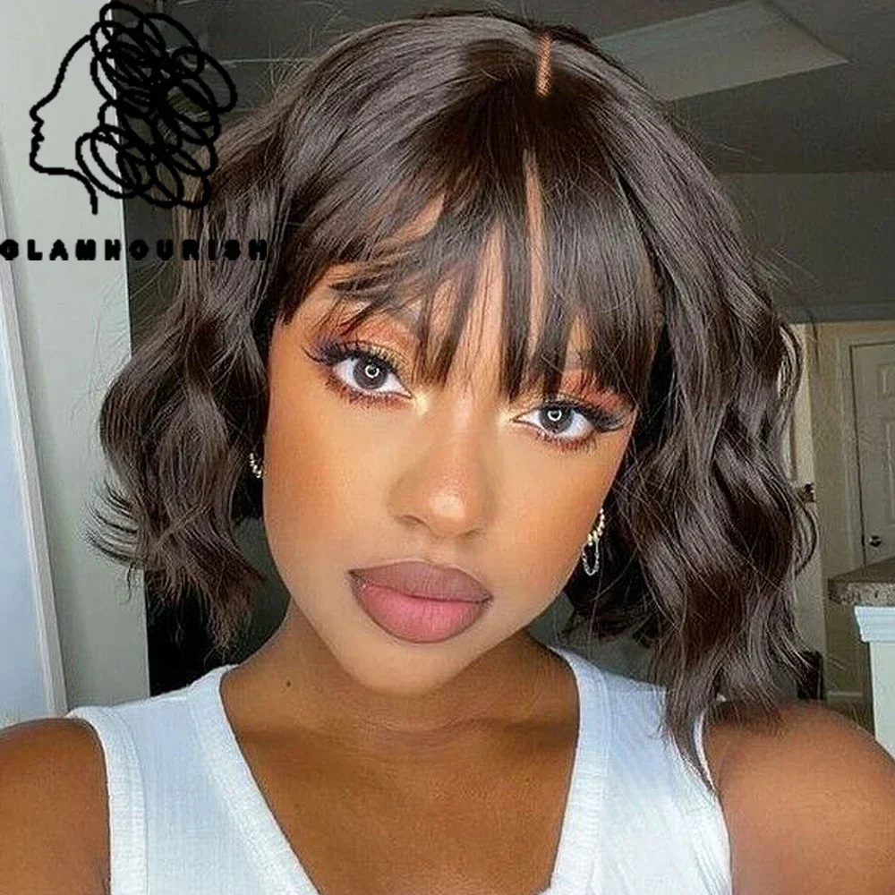 Body Wave Human Hair Wigs With Bangs Short Bob Lace Top Scalp Fringe Wigs Brazilian Human Hair Bangs Wigs For Women