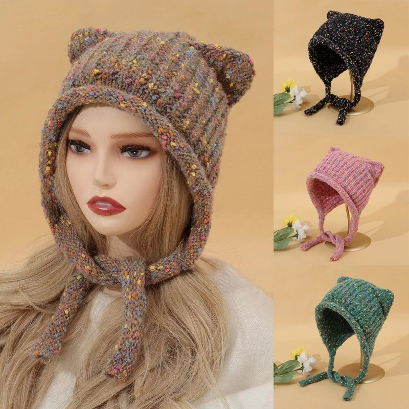 

Little Bear Knitted Beanies Hat Korean New Versatile Wool Bonnet Ear Protector Girl Loose Big Head Circumference Winter Warm Cap