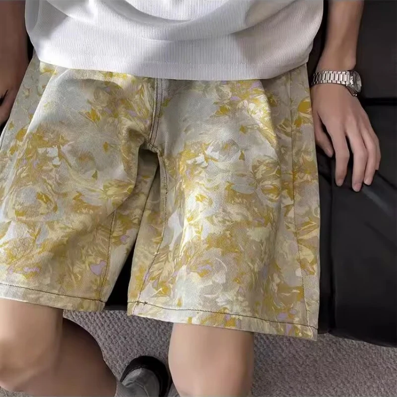 กางเกงขาสั้นลายดอกไม้อเนกประสงค์ริมทะเลฮาราจูกุศิลปะญี่ปุ่นแฟชั่นผู้ชายและผู้หญิงกางเกงยีนส์ห้าส่วนกางเกงเรียบง่าย