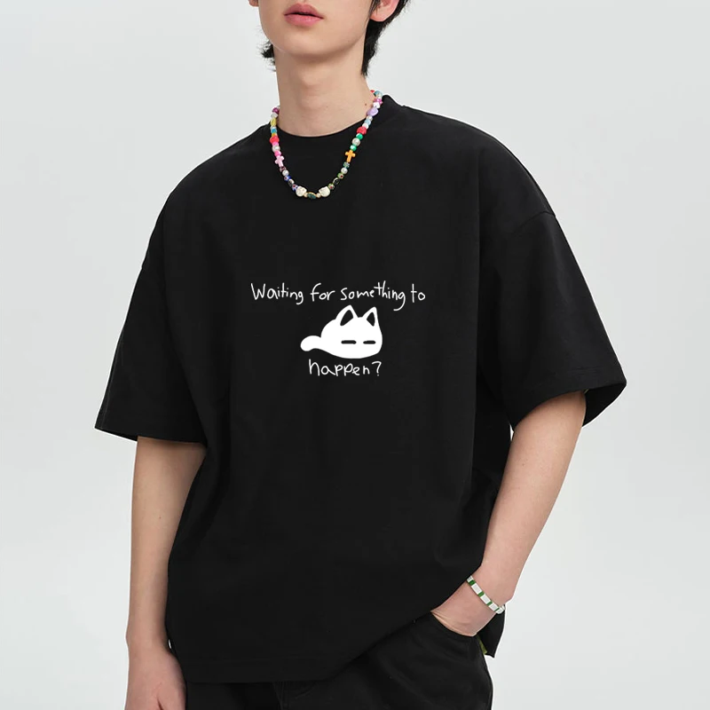 

Waiting for Something To Happen Cute Kawaii Cat printed short sleeve T-shirts Men Women Harajuku Fashion Casual T shirt Unisex