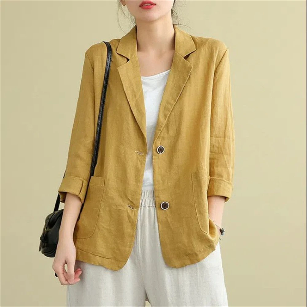 Loose Cotton Linen Blazer Coat Summer New All-match Long-sleeved Top Casual Temperament Single Breasted Suit Outerwear For Women