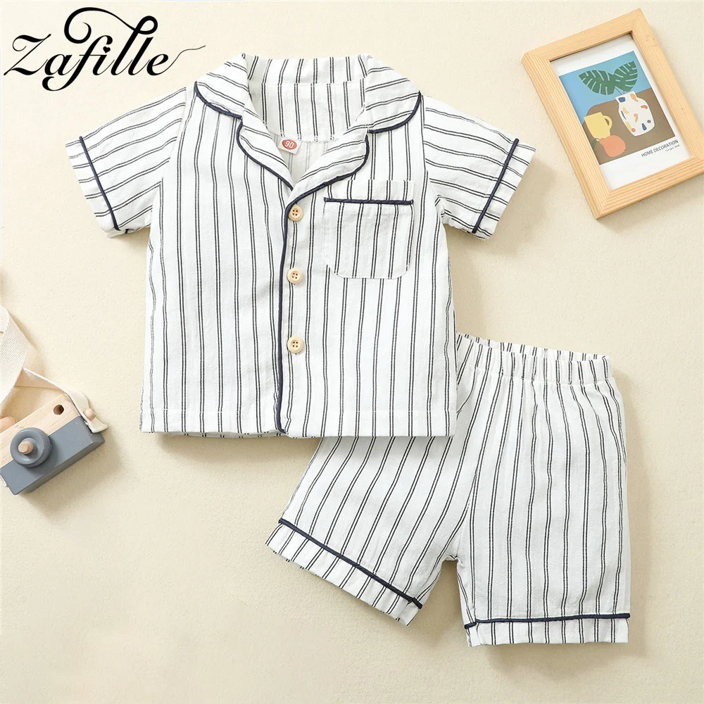 ZAFILLE Children's Sleepwear Boys Summer Suits Set Striped Toddler Baby Clothes Cotton Linen Kids Boys Clothing Home Outfits