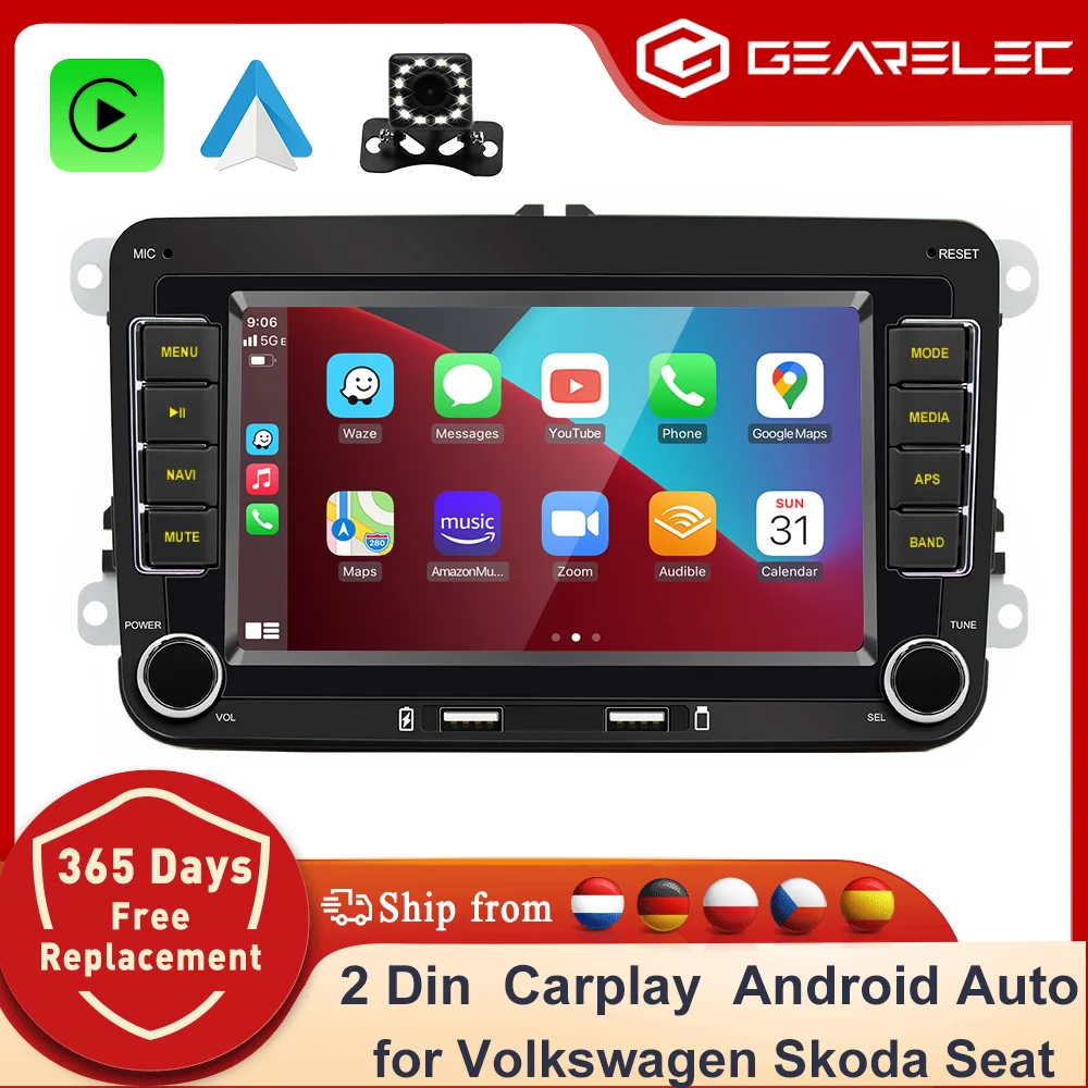 2-Din-Android-Autoradio von GEARELEC, Multimedia-Player mit GPS, WLAN und CarPlay für Volkswagen, Skoda Octavia, Golf 5/6, Touran, Passat, Polo und Jetta