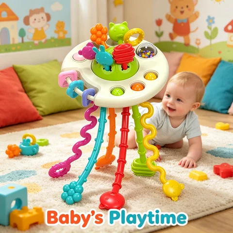 Activity Development Pull String Toys Silicone Teething Rattle Educational Learning Toy Baby Sensory Montessori Toys gift