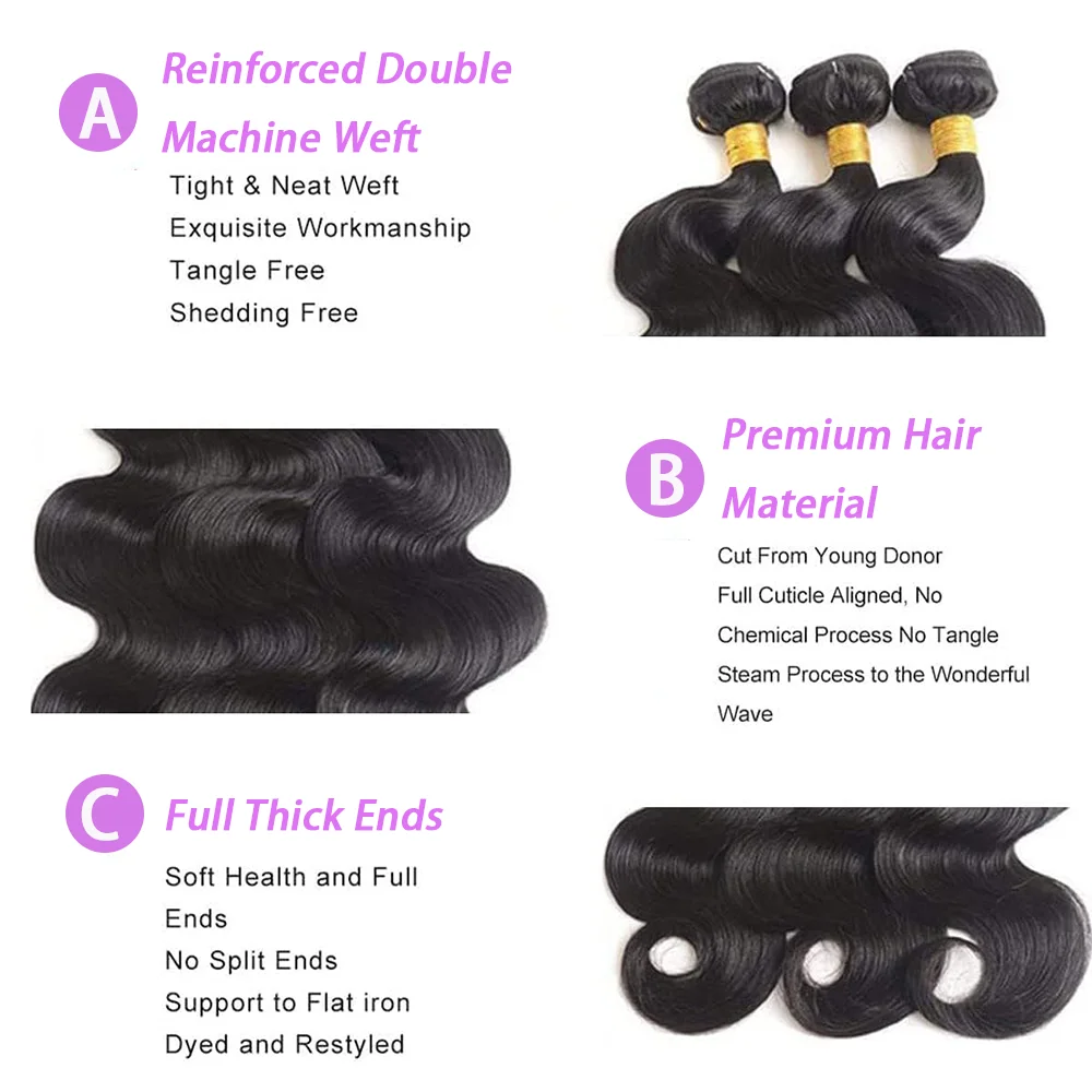 Mechones de cabello humano con cierre, extensiones de tejido de onda corporal, cabello brasileño Frontal, encaje 13x4, cabello humano negro Natural, 3 mechones