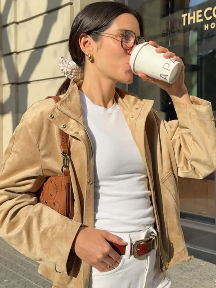 

Women Suede Solid Jackets High Neck Maxi Sleeves Zipper Single-breasted Coats 2025 New Autumn Daily Commuting Street Outerwear