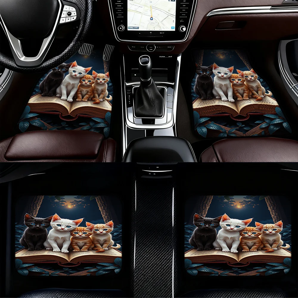 4pcs Vintage Car Mats With Tabby & Tuxedo Kitten Design - Fit For Hatchbacks/SUVs, Driver/Passenger/Rear/Trunk Coverage, Pet-Fri