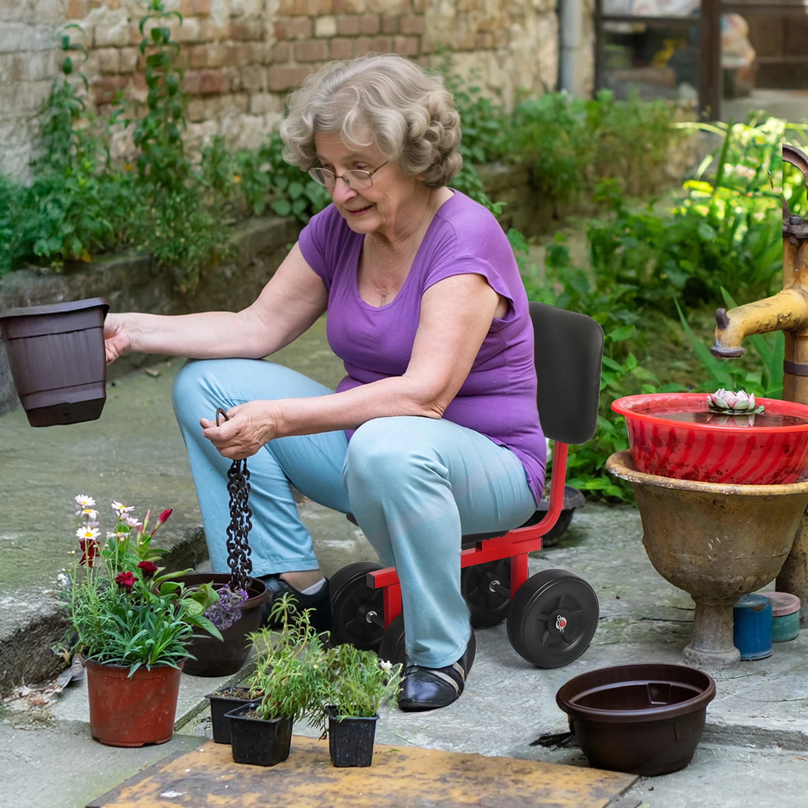 

Adjustable Rolling Garden Seat with Backrest And Wheels Mobile Yard Scooter for Planting And Gardening Work Stool